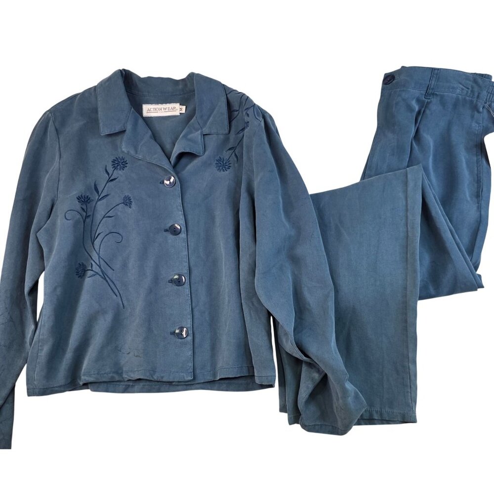 90s Embroidered Pant Suite Medium Pleated  USA Deadstock Coastal Grandma *Flaw